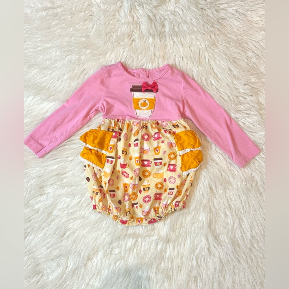 Cute Pink and Yellow Baby Romper with Coffee Design